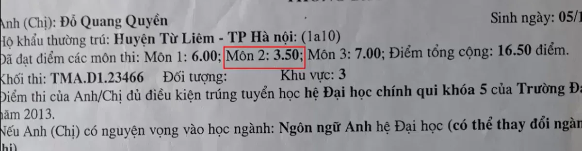 Minh chứng điểm tiếng Anh ban đầu của thầy Quyền